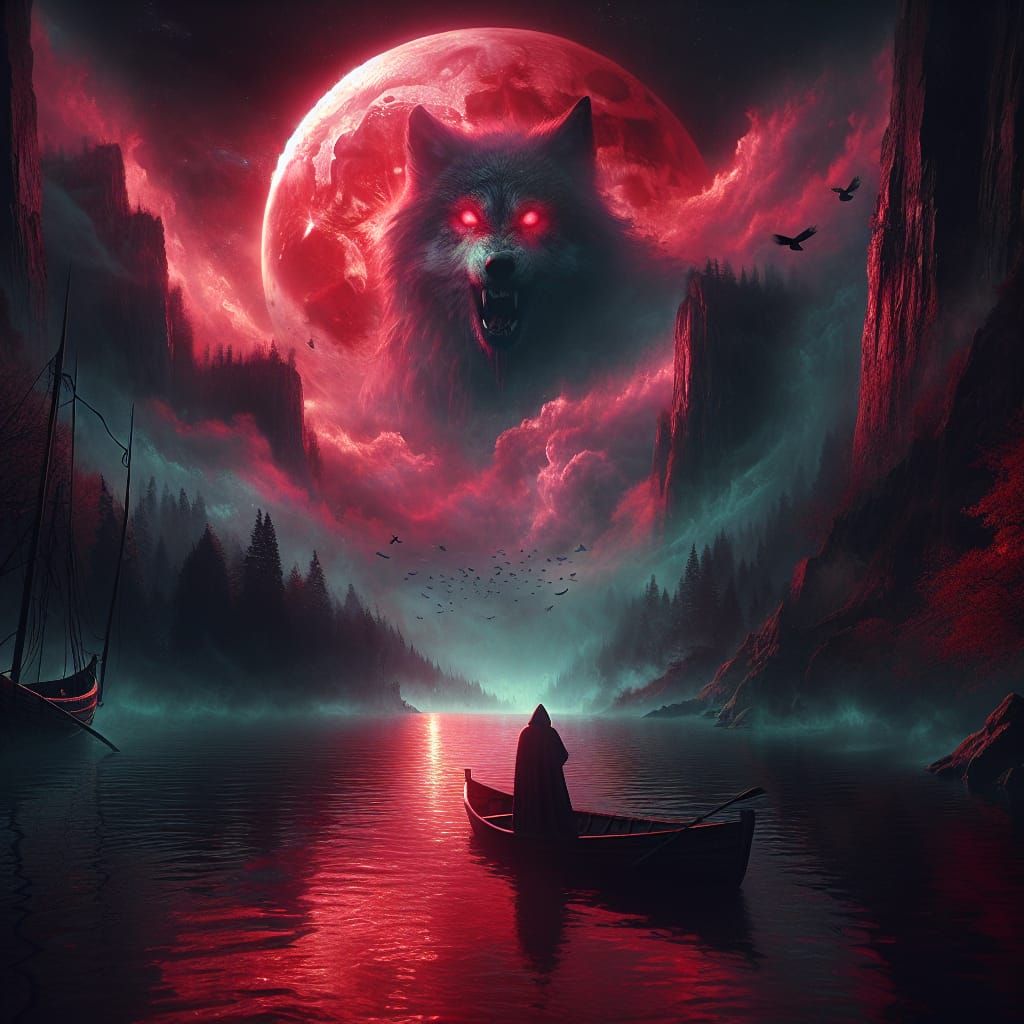 Moonlit Spectral Wolf Emerges from Red Tides