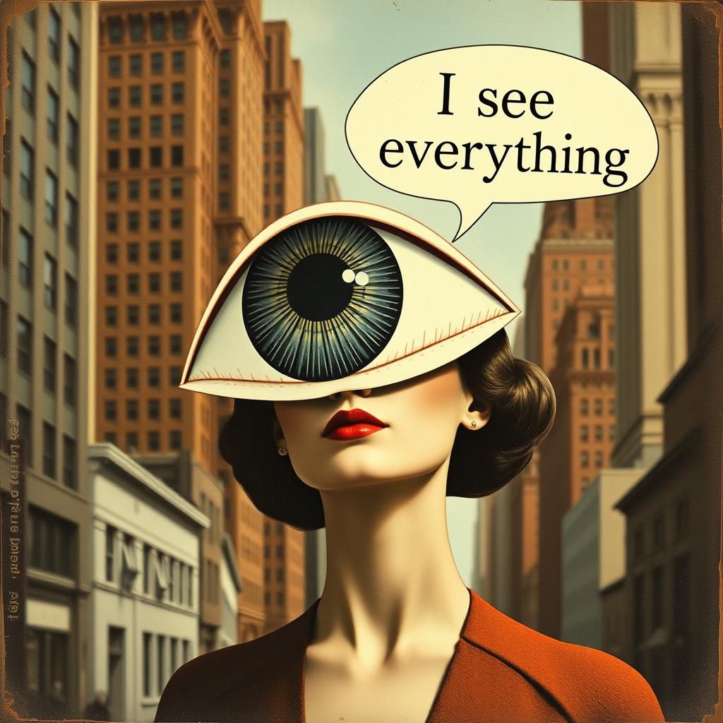 Surreal Art Deco Woman with Eye Hat in City