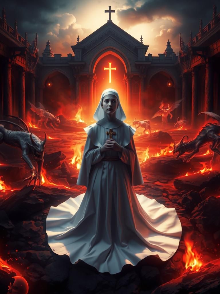 Nun Kneeling in Fiery Gehenna, Digital Matte Painting