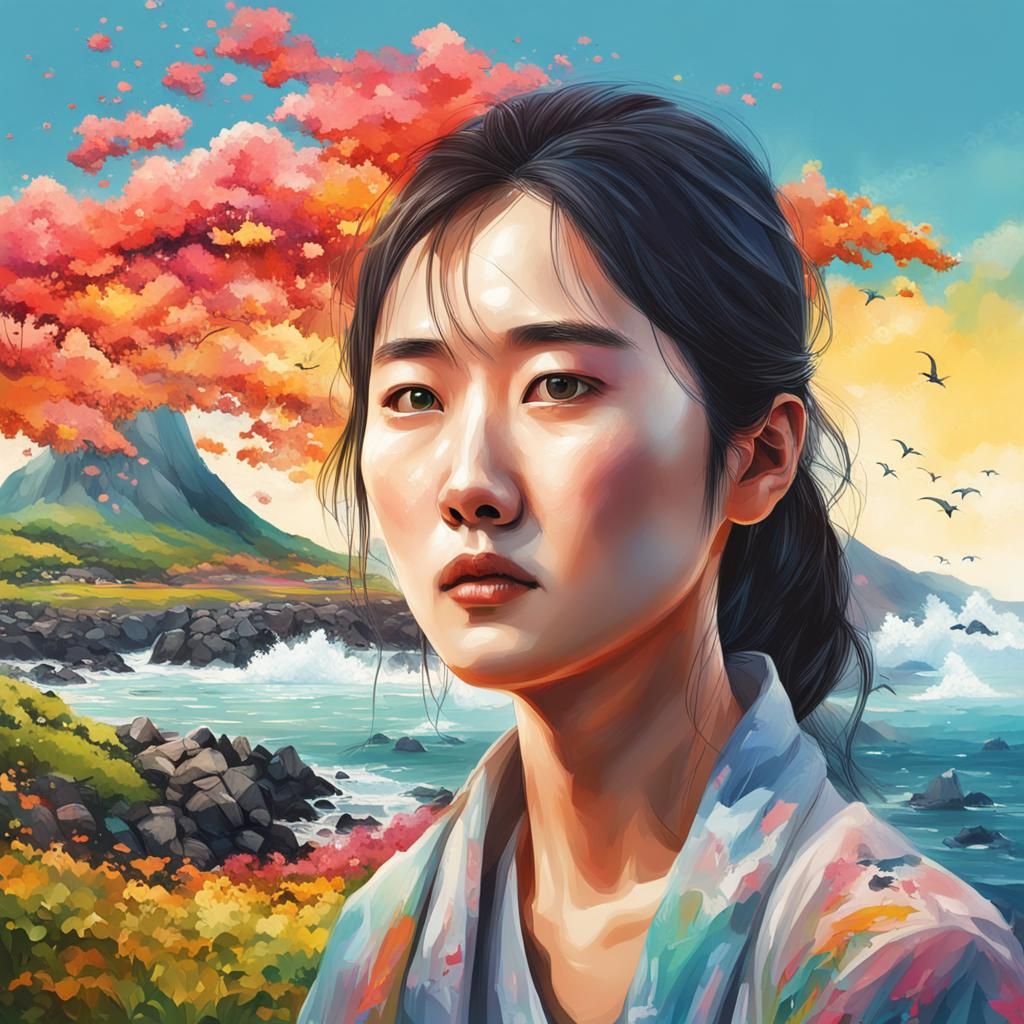 Korean Woman on Jeju Island: Hyperrealistic Splash Art