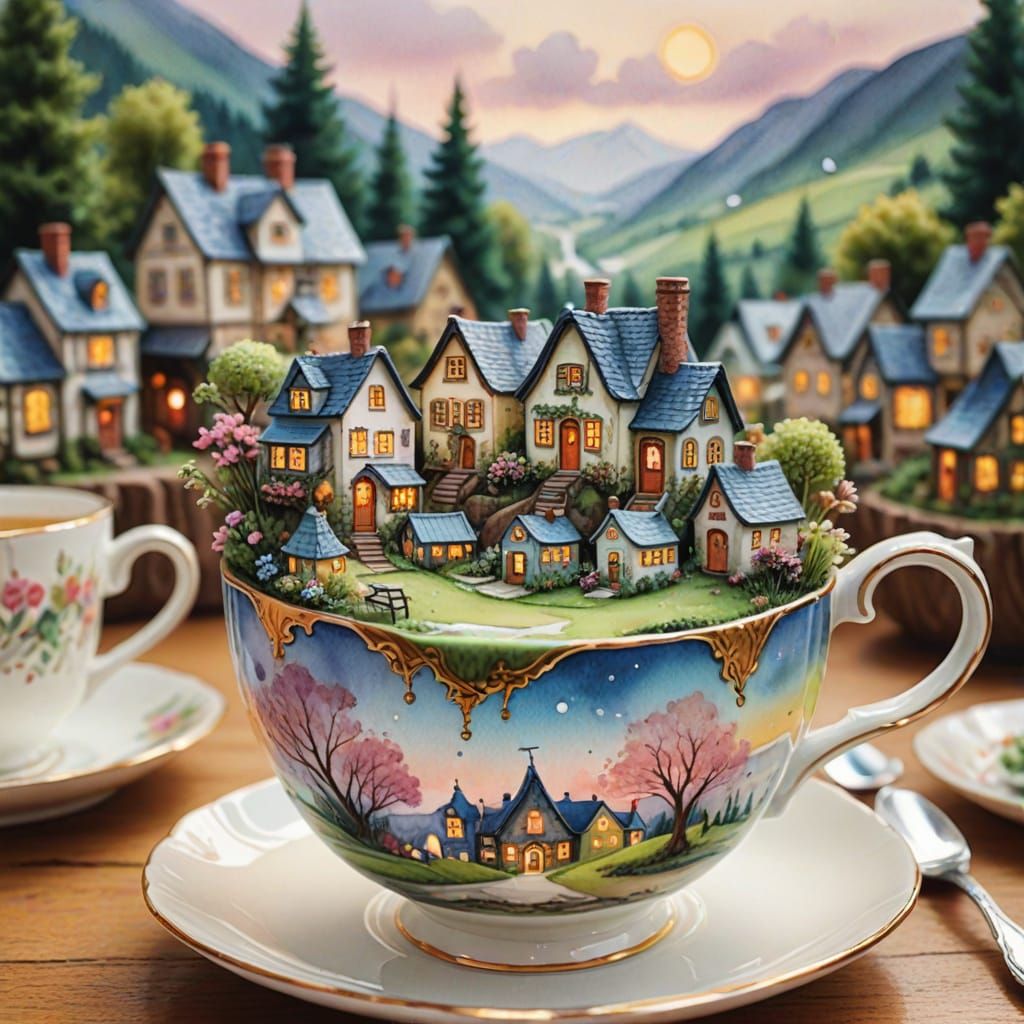 Miniature Town Inside a Teacup: Watercolor Fantasy Art