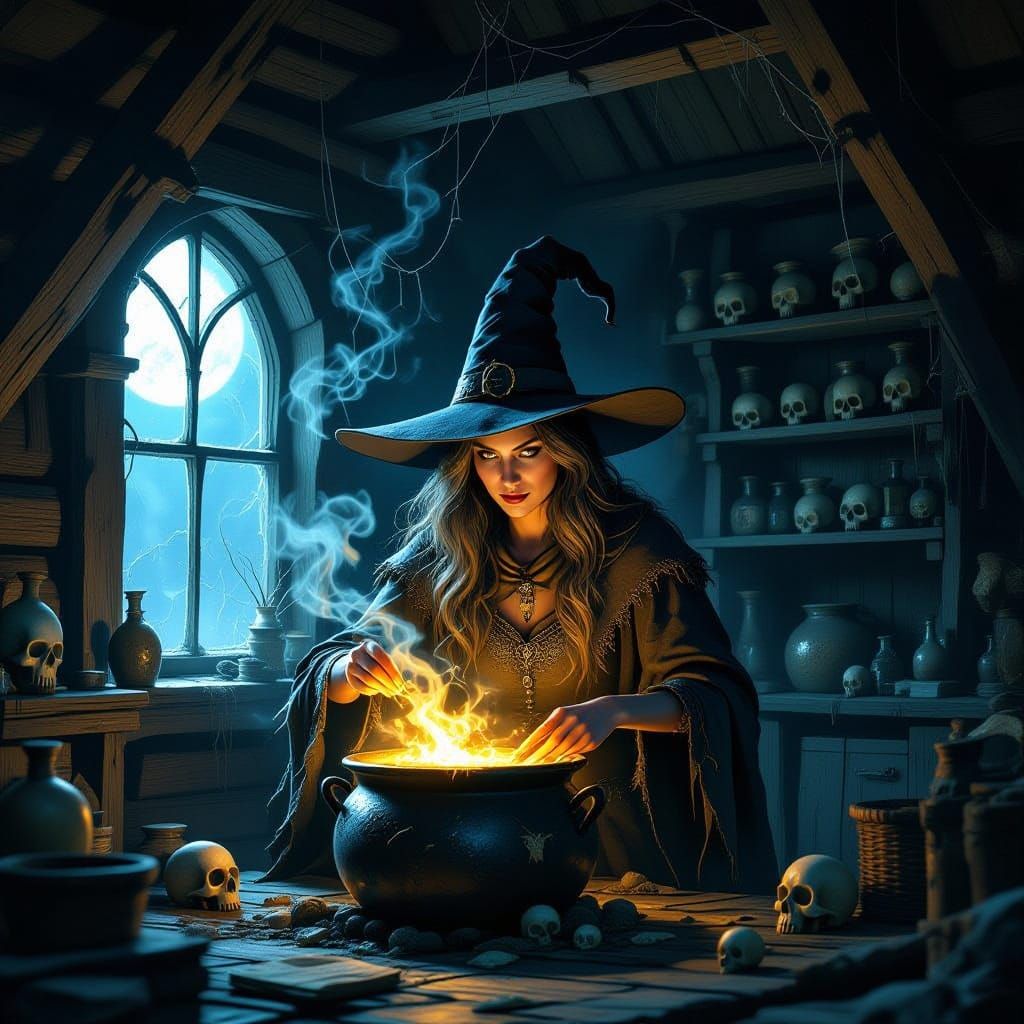 Witch Brewing Luminescent Potion in Crooked Cabin
