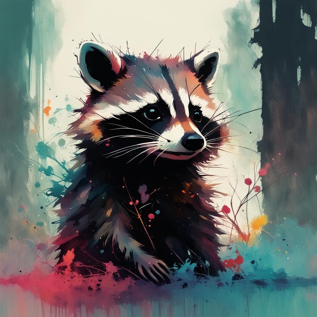 Raccoon Silhouette with Inky Tendrils in Urban Impressionism