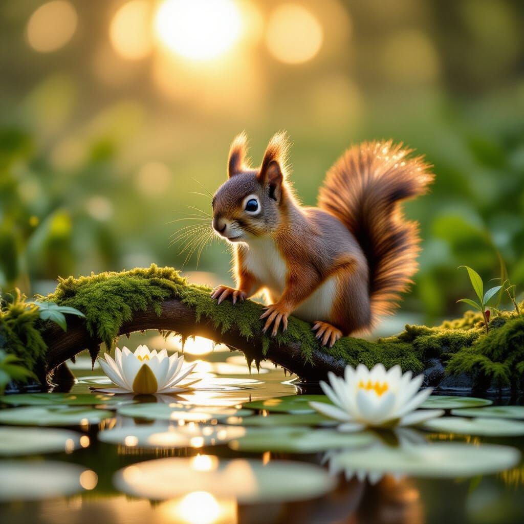 Curious Red Squirrel at Dawn in Misty Pond