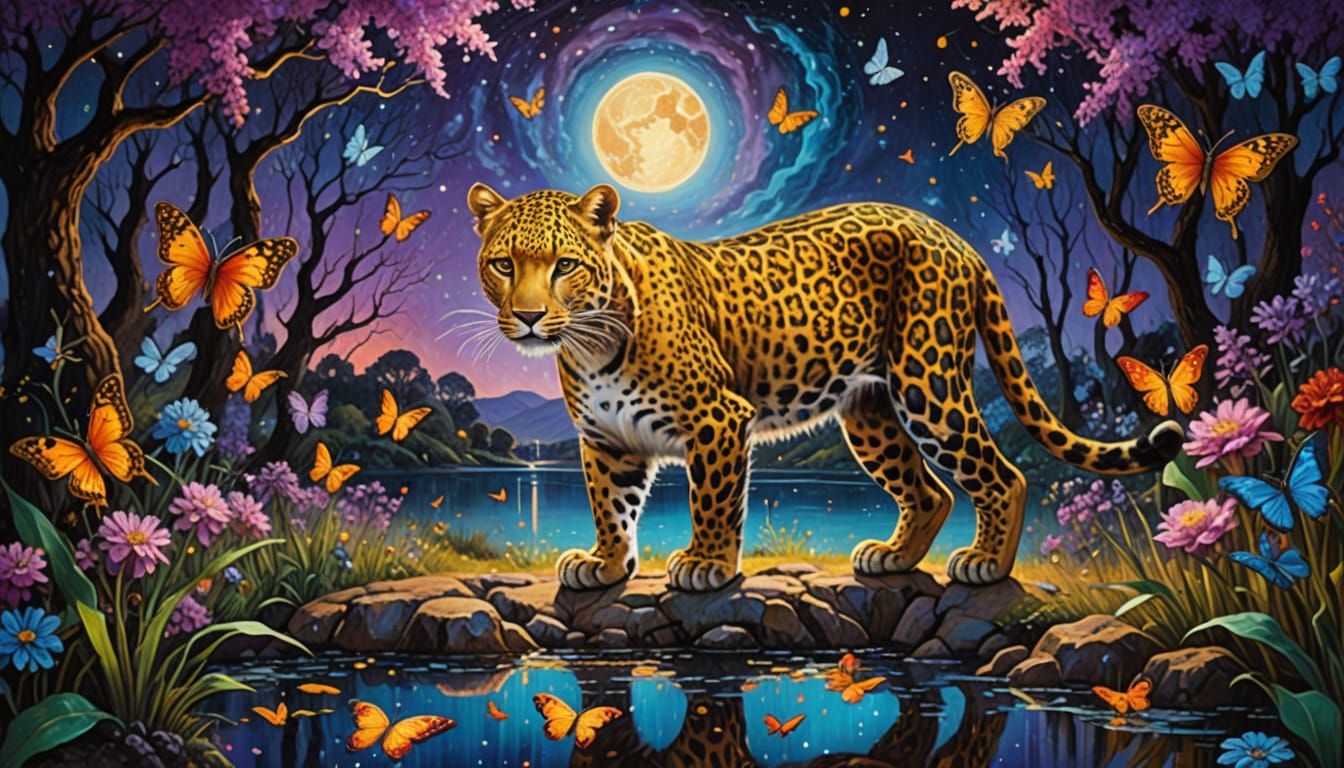 Ethereal Landscape with Amur Leopard and Vibrant Butterflies