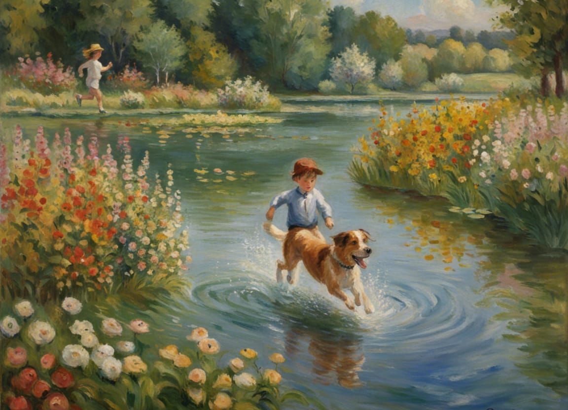 Boy and Dog Swimming: An Impressionist Painting