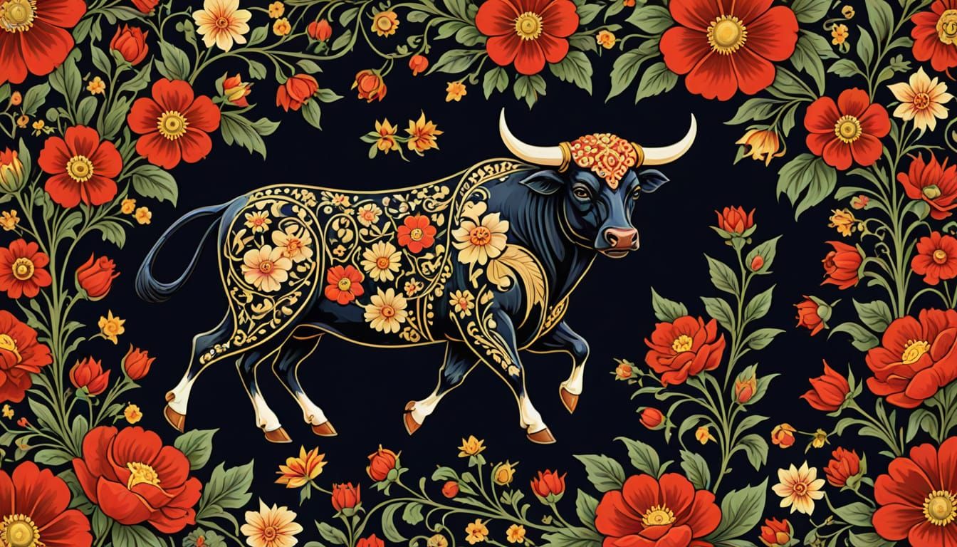 Vodka Bull Amidst Blooming Flowers in Palekh Art