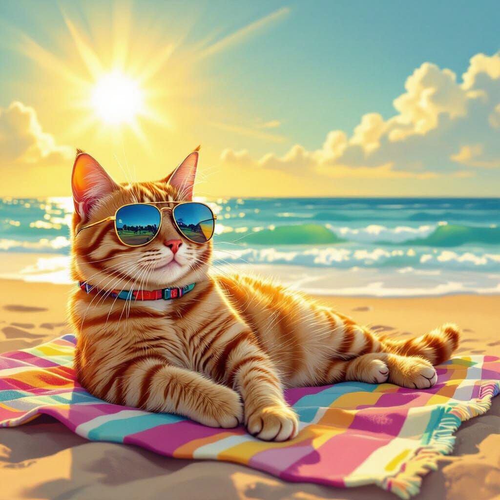 Ginger Cat in Sunglasses Relaxing on Sunny Beach