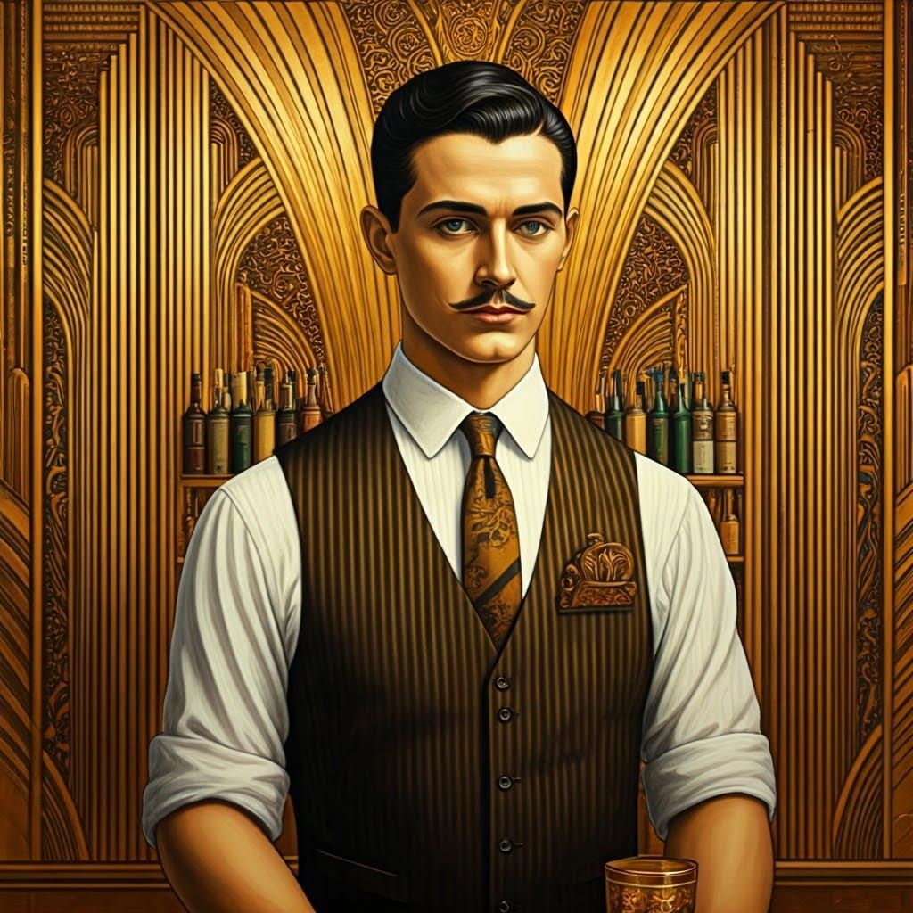 Gilded Art Deco Bartender in Vibrant Oil Pastel Colors