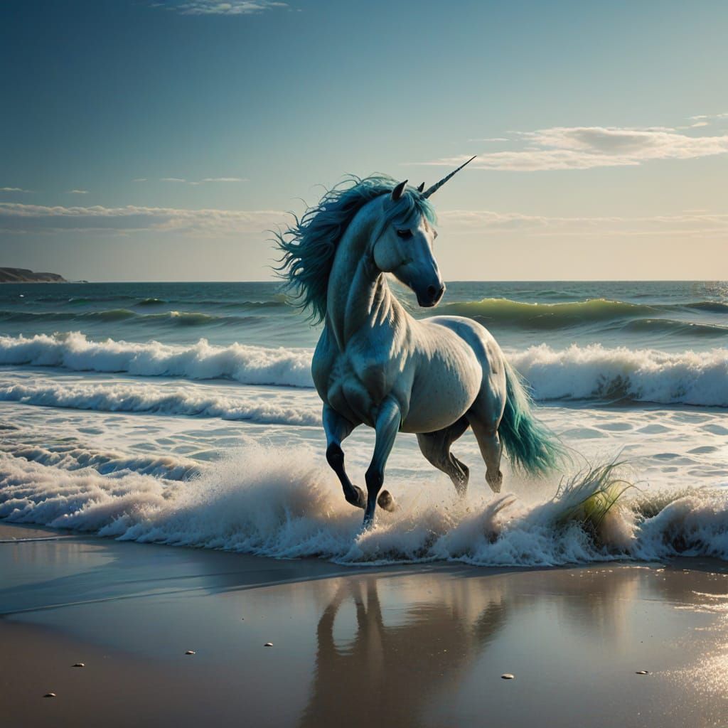 Romantic Watercolour Winged Unicorn in Majestic Coastal Land...
