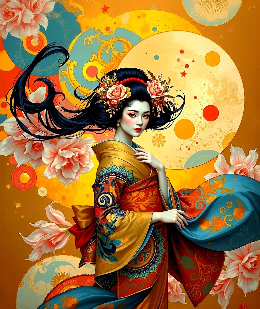 Dreamlike Geisha in Abstract Art Nouveau Style