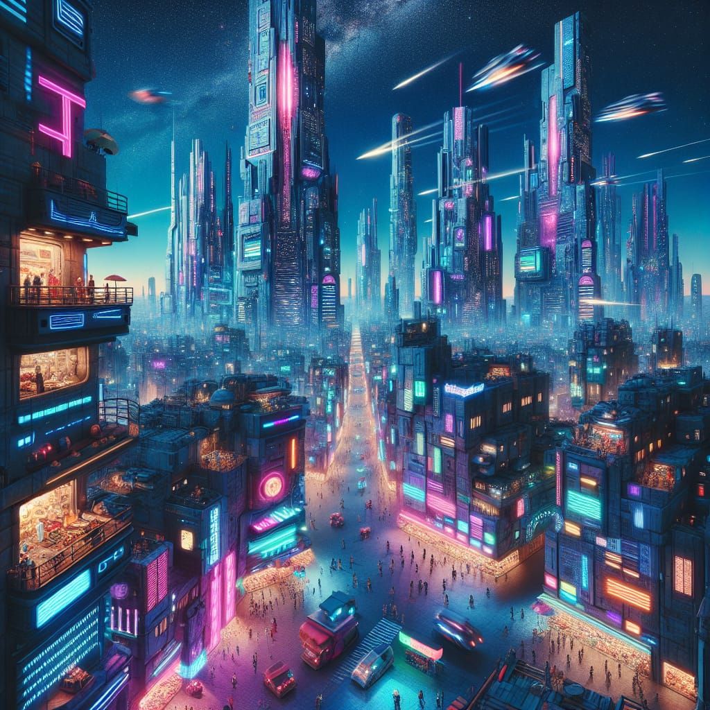Cyberpunk Cityscape at Night with Futuristic Neon Lights