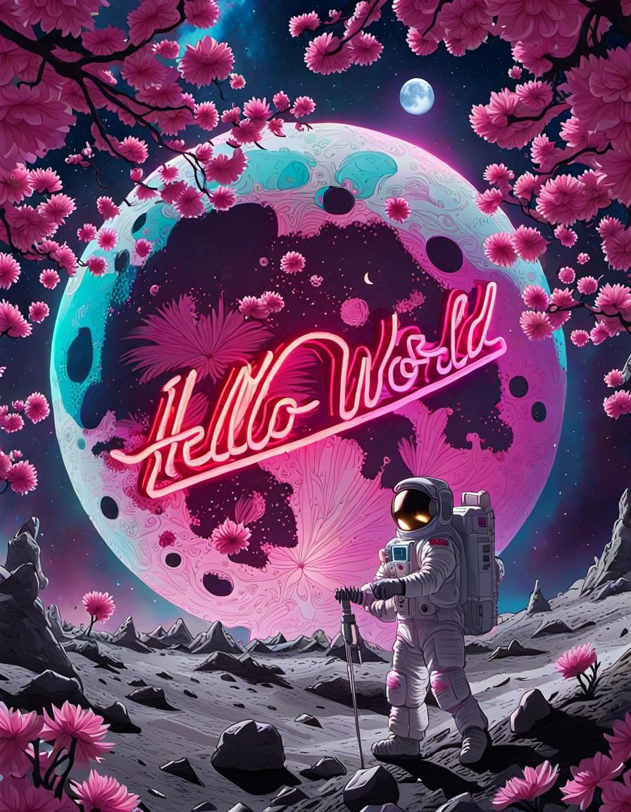Magical Pink Moon with Hello World in Anime Style
