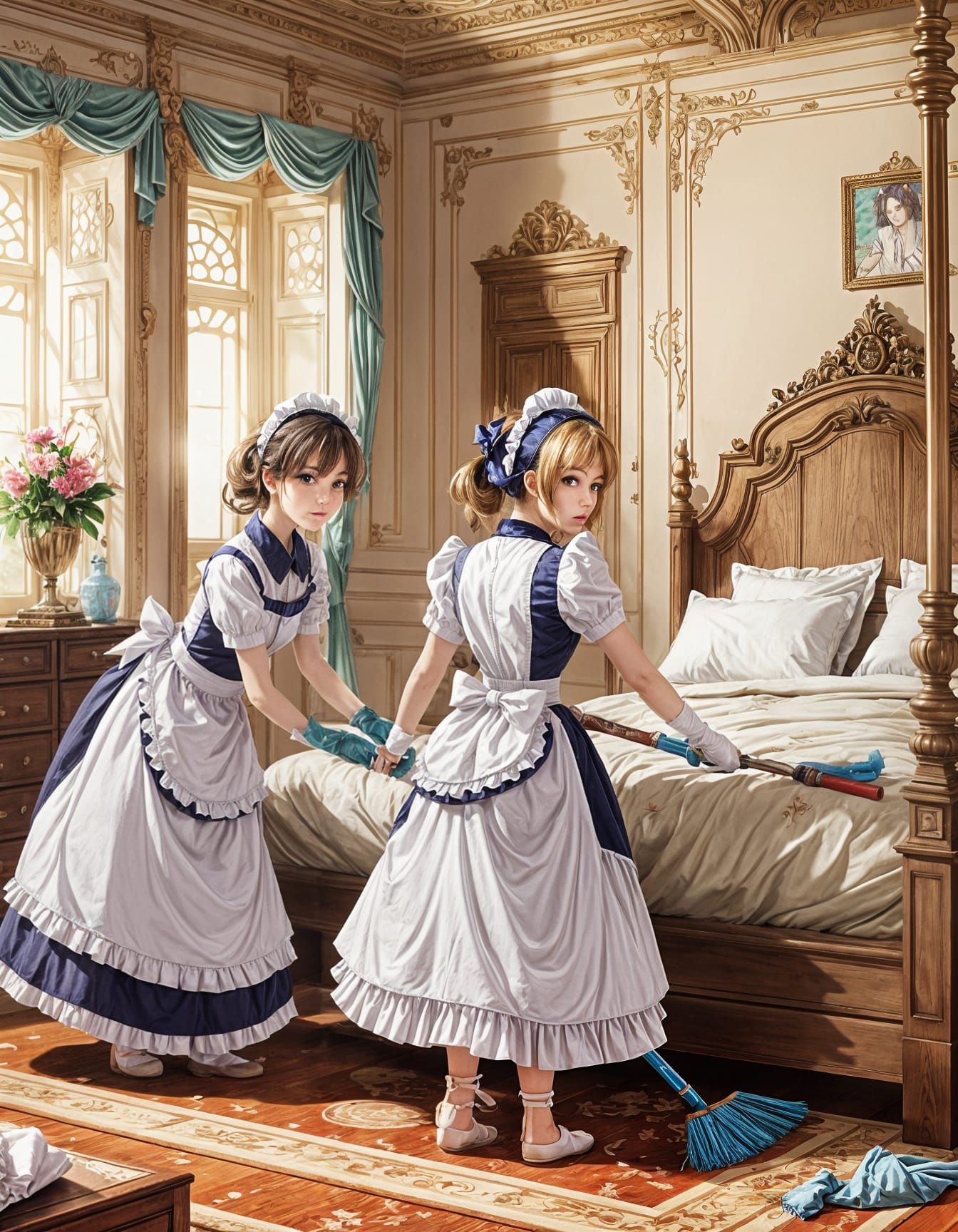 Anime Maid Women Cleaning Palace Bedroom