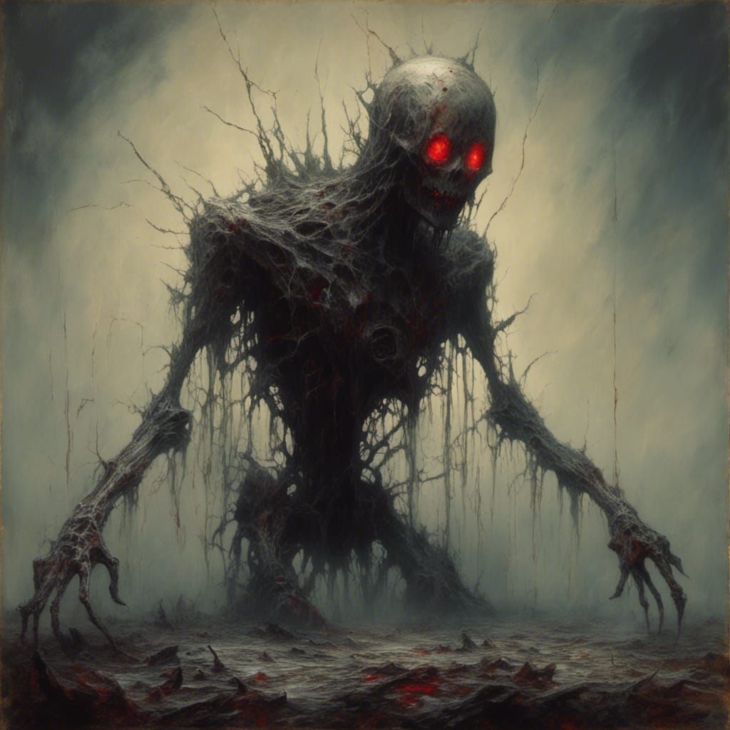 Ghostly Mechanical Robot with Red Eyes in Horror Style