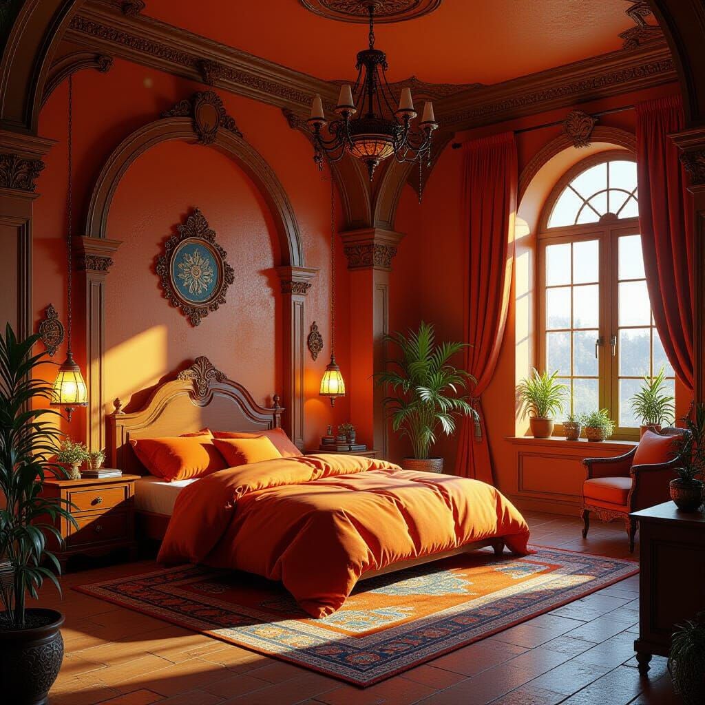 Serene Orange Bedroom in Detailed Matte Painting Style