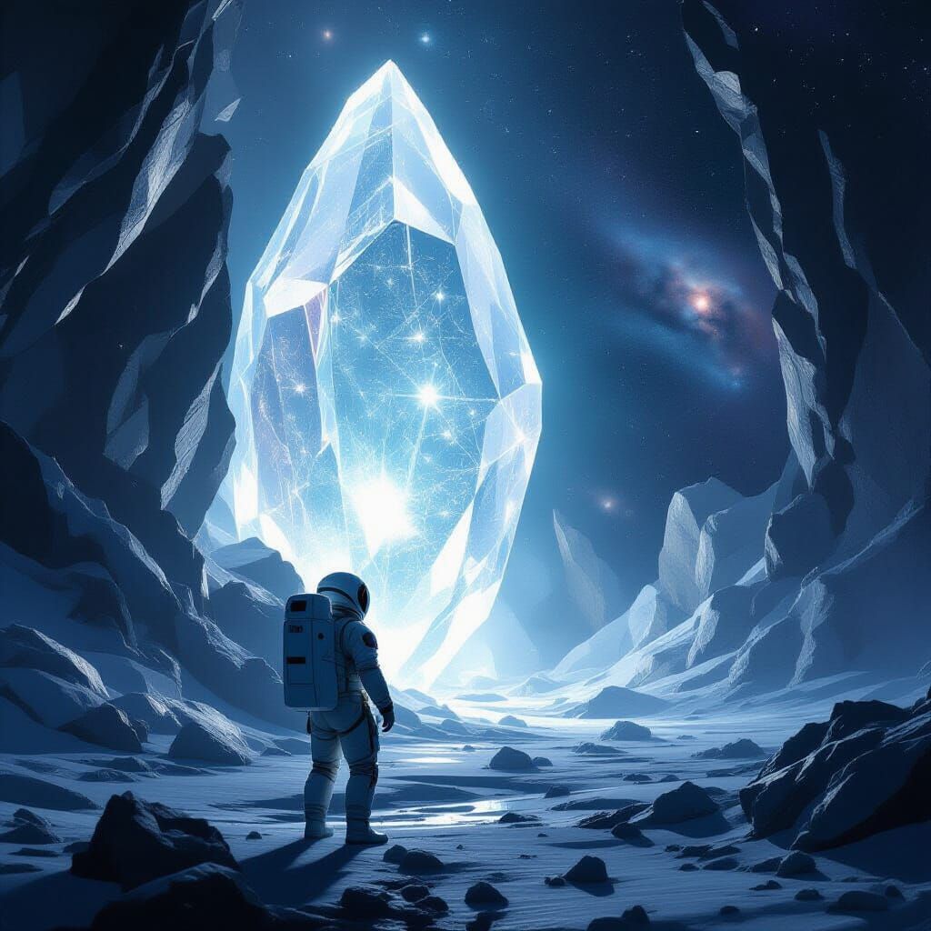 Astronaut Tethered to Pulsing Crystal Structure in Deep Spac...