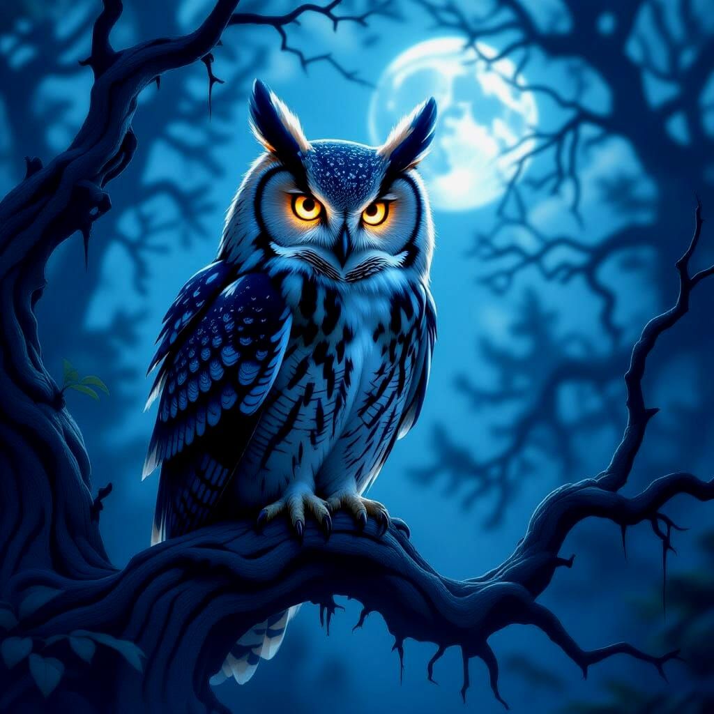 Majestic Owl in Misty Moonlit Forest