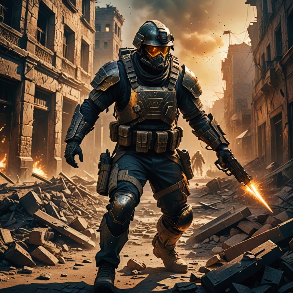 Mercenary Soldier Battles Enemy in Ruined City