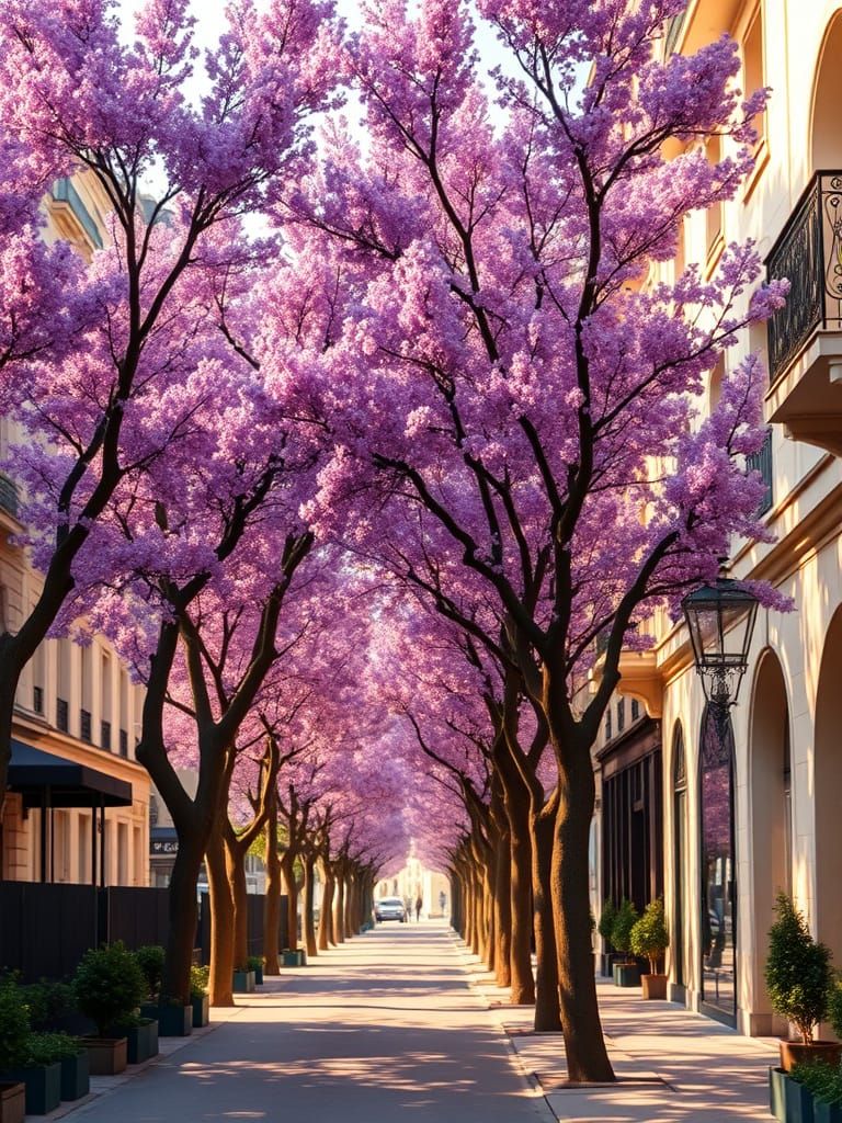Parisian Street Scene with Jacaranda Trees