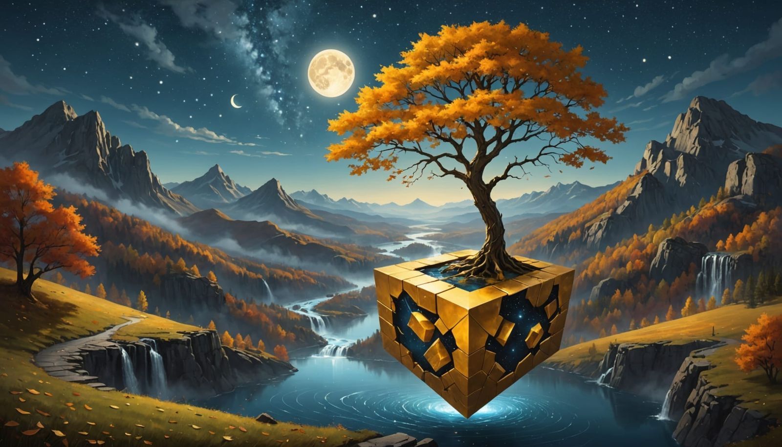 Surreal Floating Cube Framing Autumn Landscape Under Starry ...