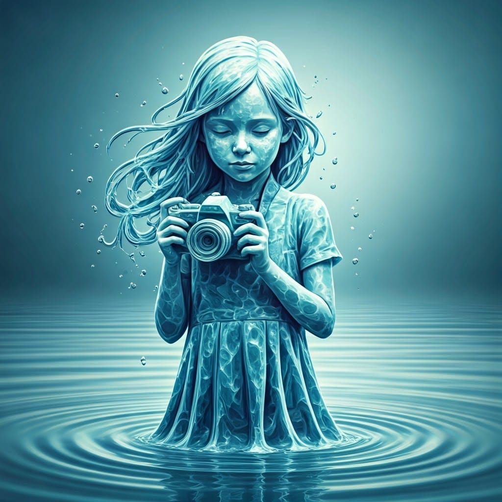 Girl and Camera Made of Dissolving Water in a Dreamlike Atmo...