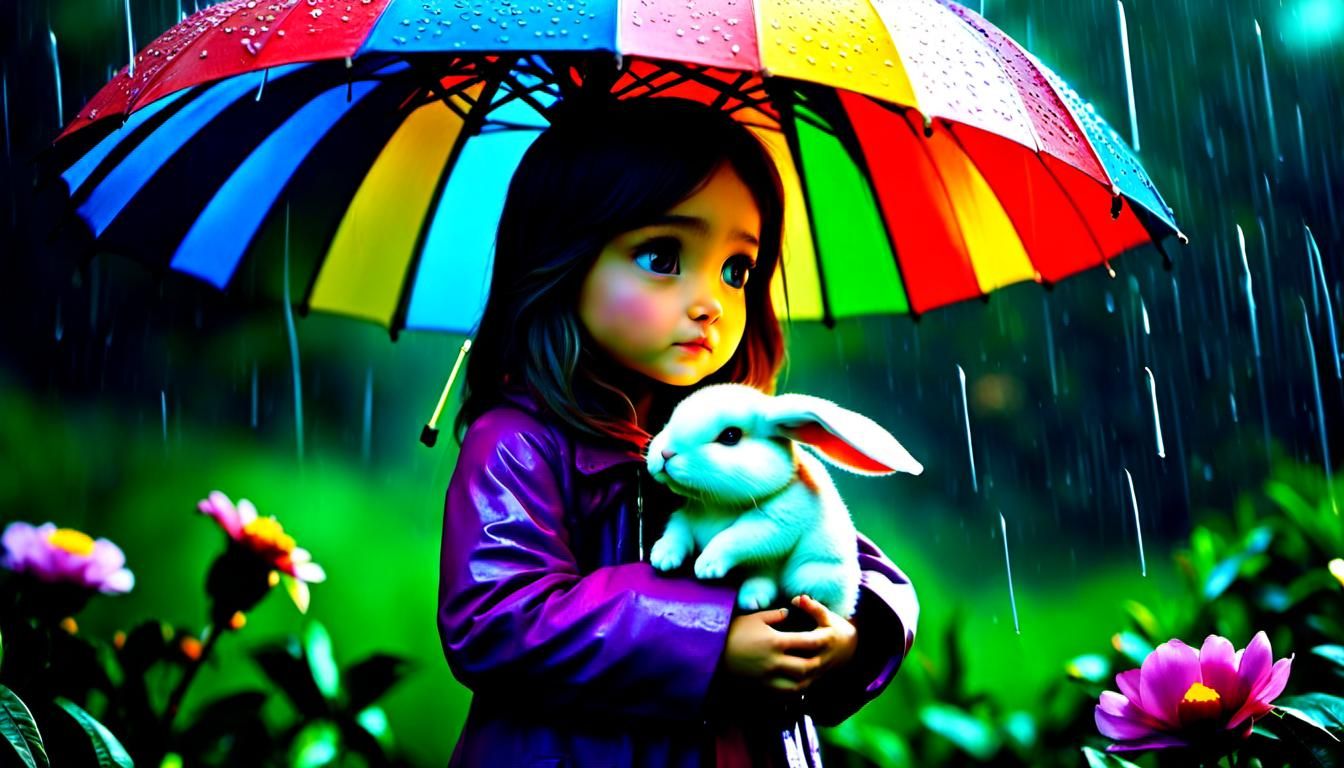 Girl with Bunny in Rainy Garden: Hyperrealistic Art