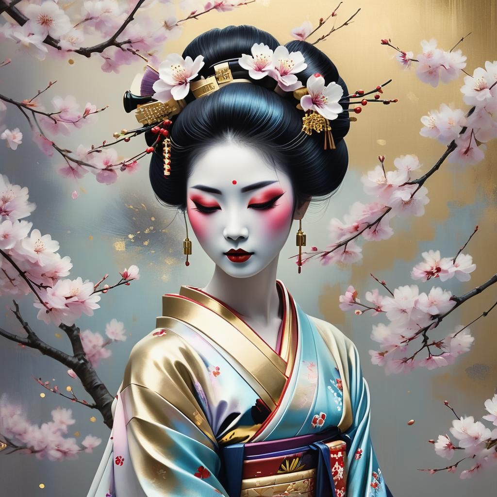 Geisha with Cherry Blossoms in Digital Art Style