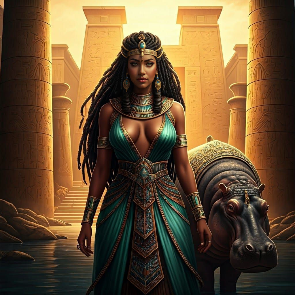 Egyptian Goddess Taweret in Ancient Temple Setting