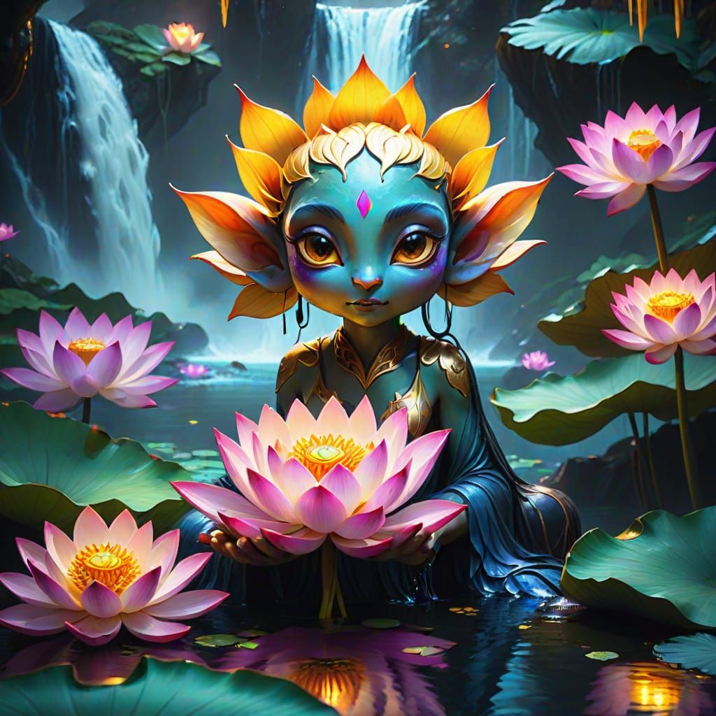 Lotus Flower Ambush Fae in Vibrant Oil Painting Style