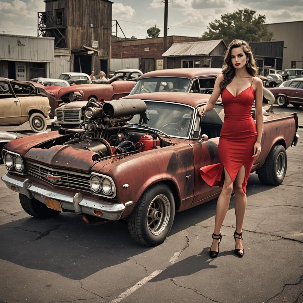 Rat Rod and Model in Red Dress