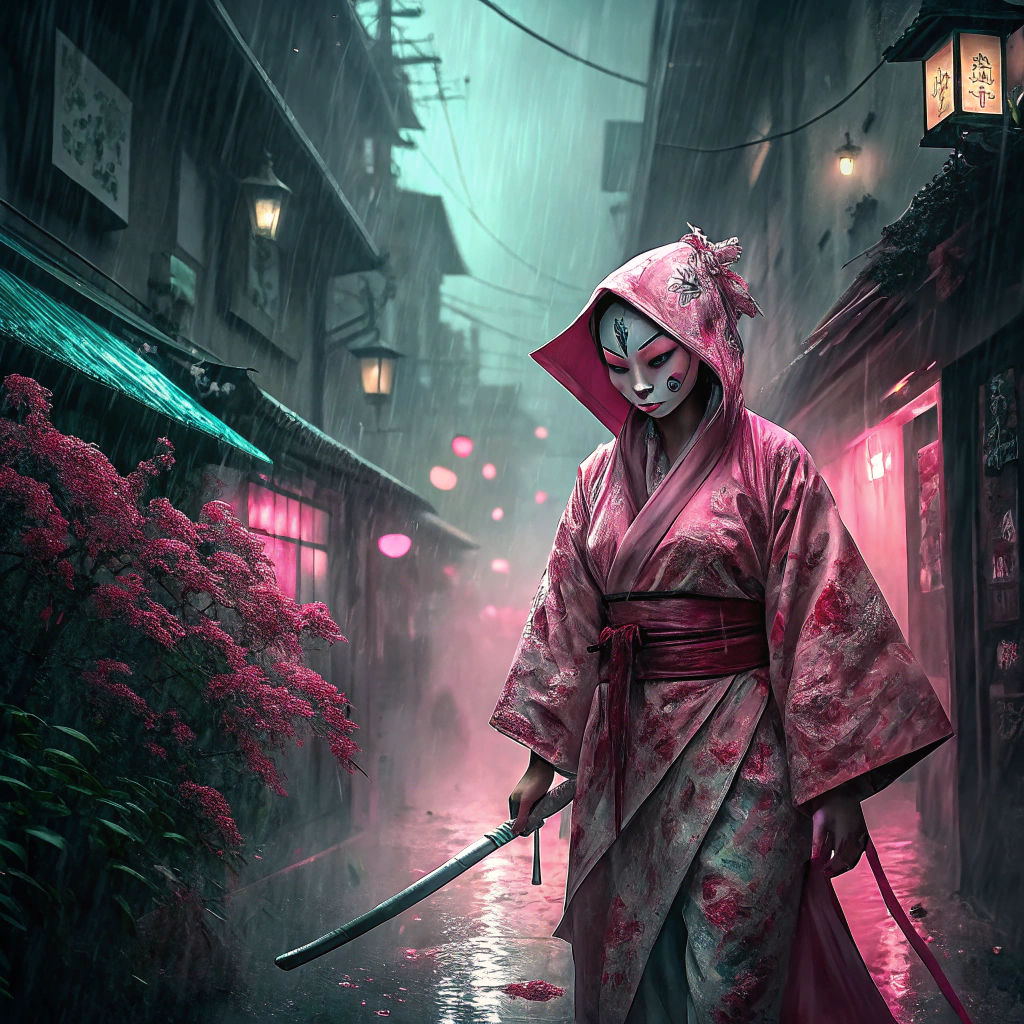 Pink Ninja Geisha Emerges from Gothic Cityscape