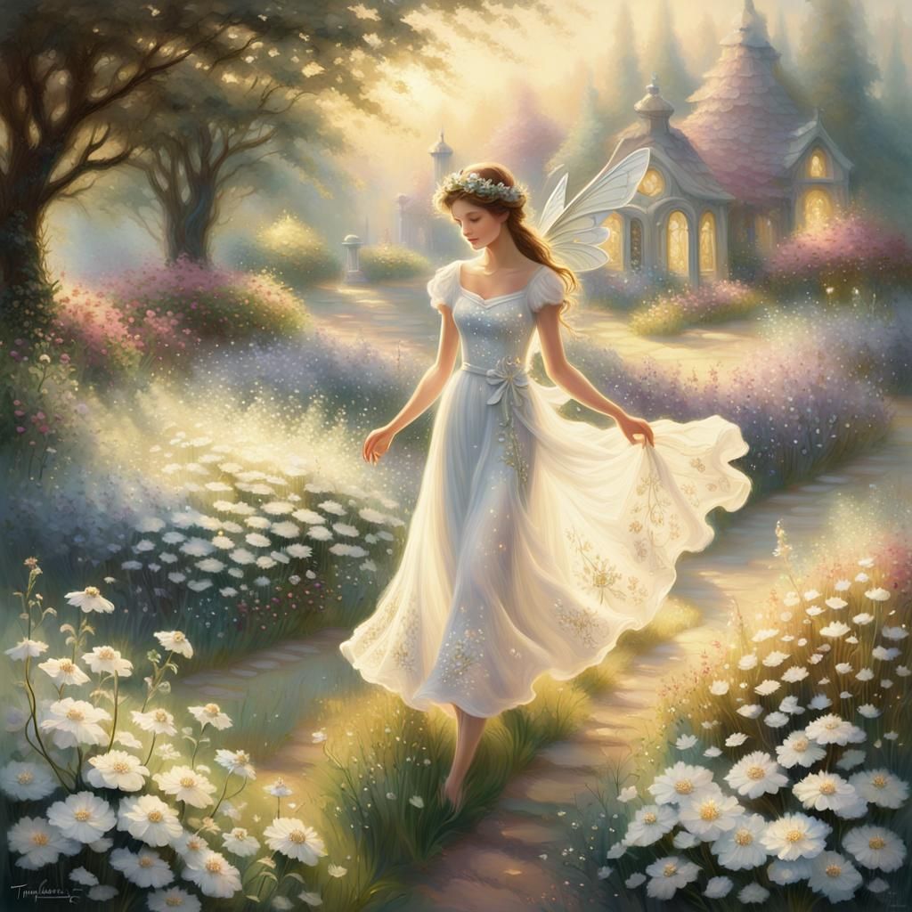 Fairy in White Dress in Luminous Garden