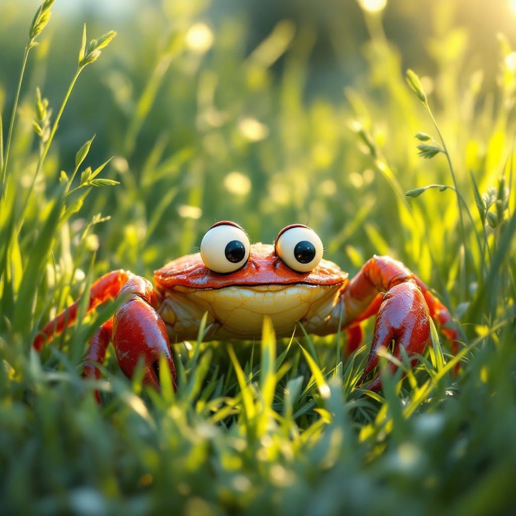 Whimsical Crab Emerges from Lush Meadow