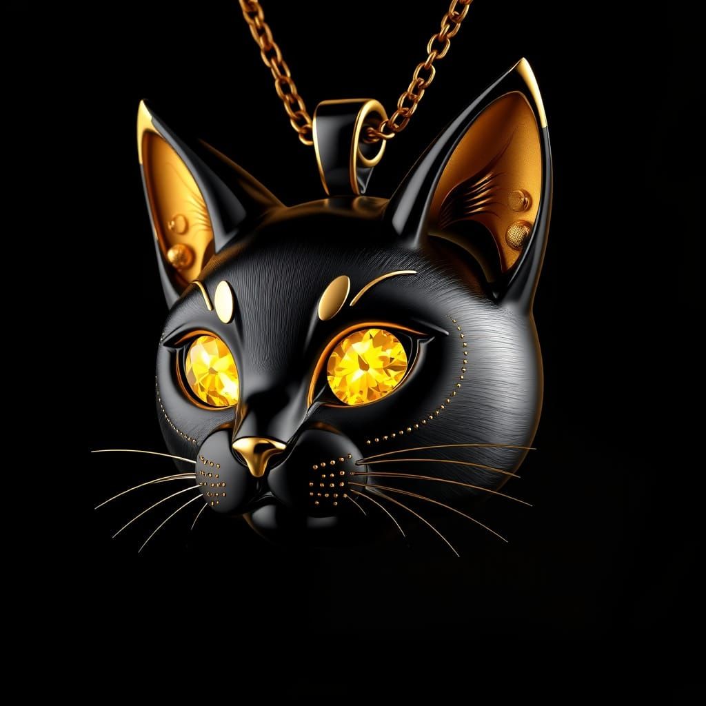 Sleek Black Cat Head Pendant in Shimmering Gold