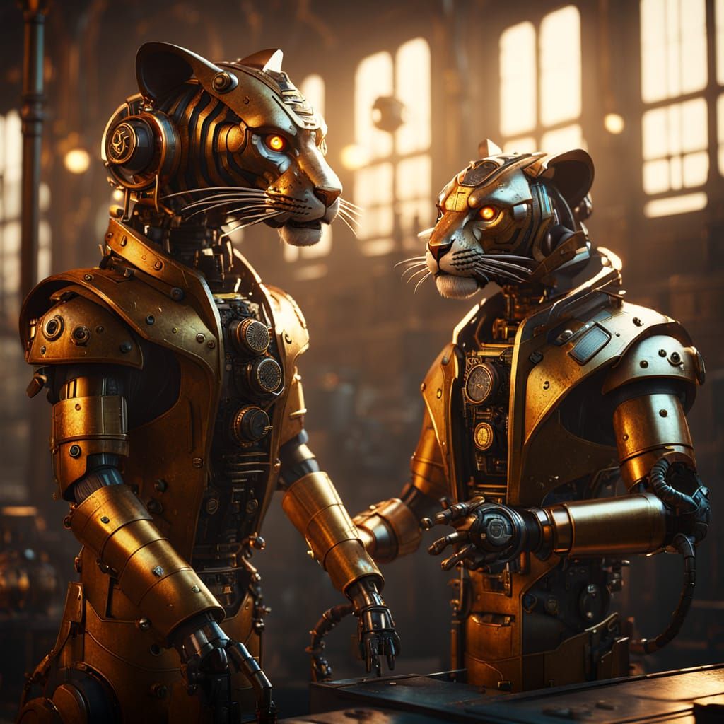 Epic Steampunk Tiger Emerges from Misty Dawn