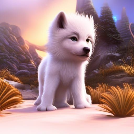 Cute White Wolf Cub in Detailed Matte Painting