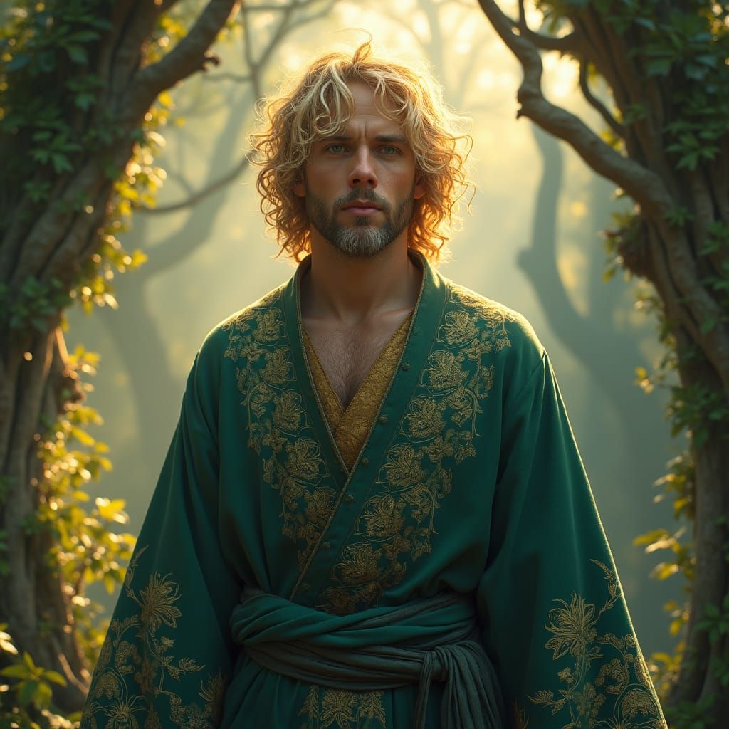 Monk in Mystical Forest, Hyperrealistic Render