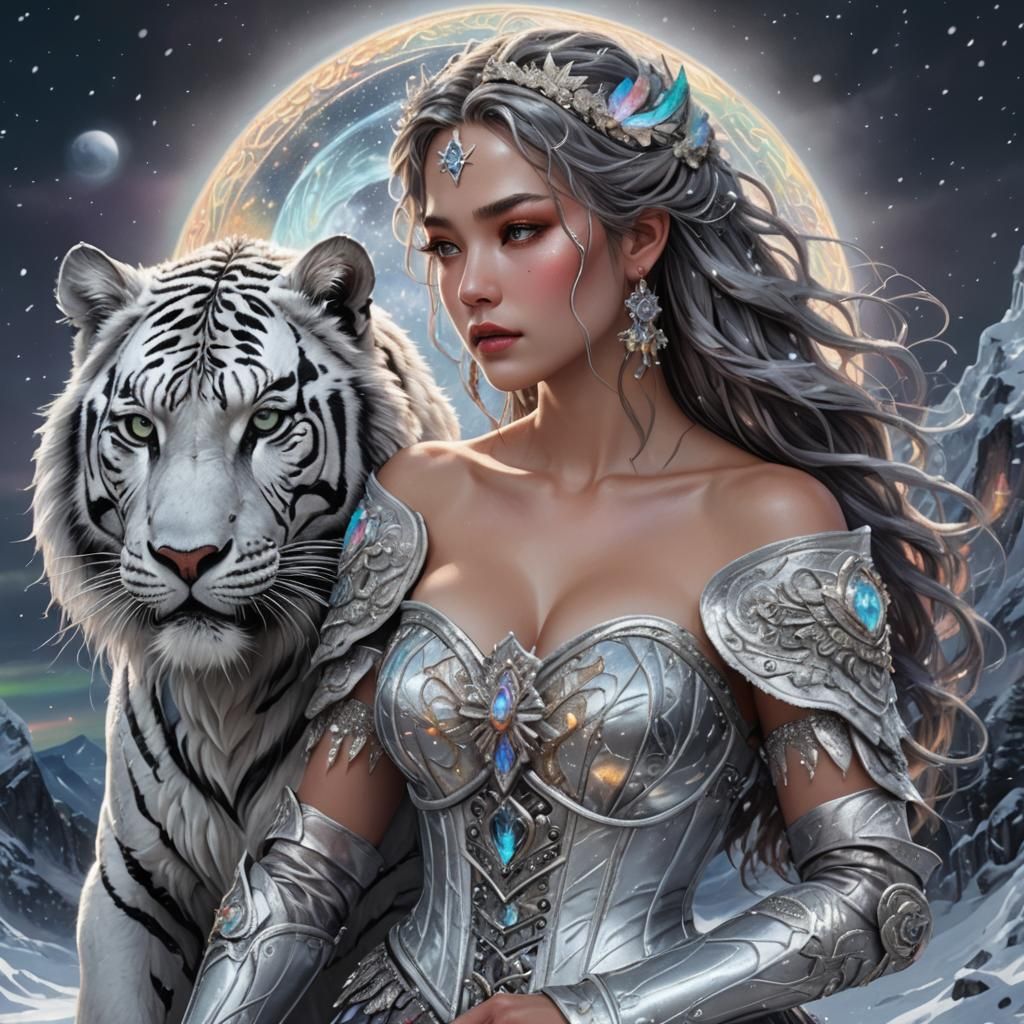 Goddess with Tiger in Aurora Borealis, Digital Art