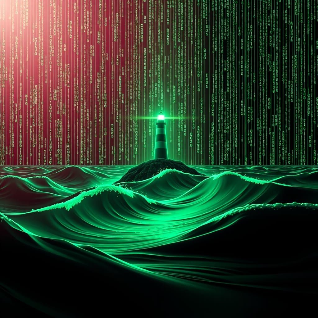 Surreal Matrix Seascape With Neon Lighthouse