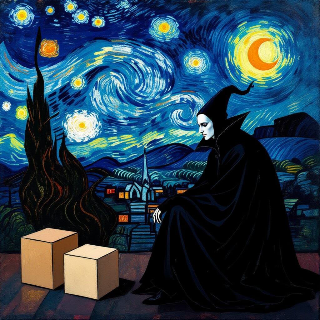 Vampire Bathed in Starlight with Eerie Boxes