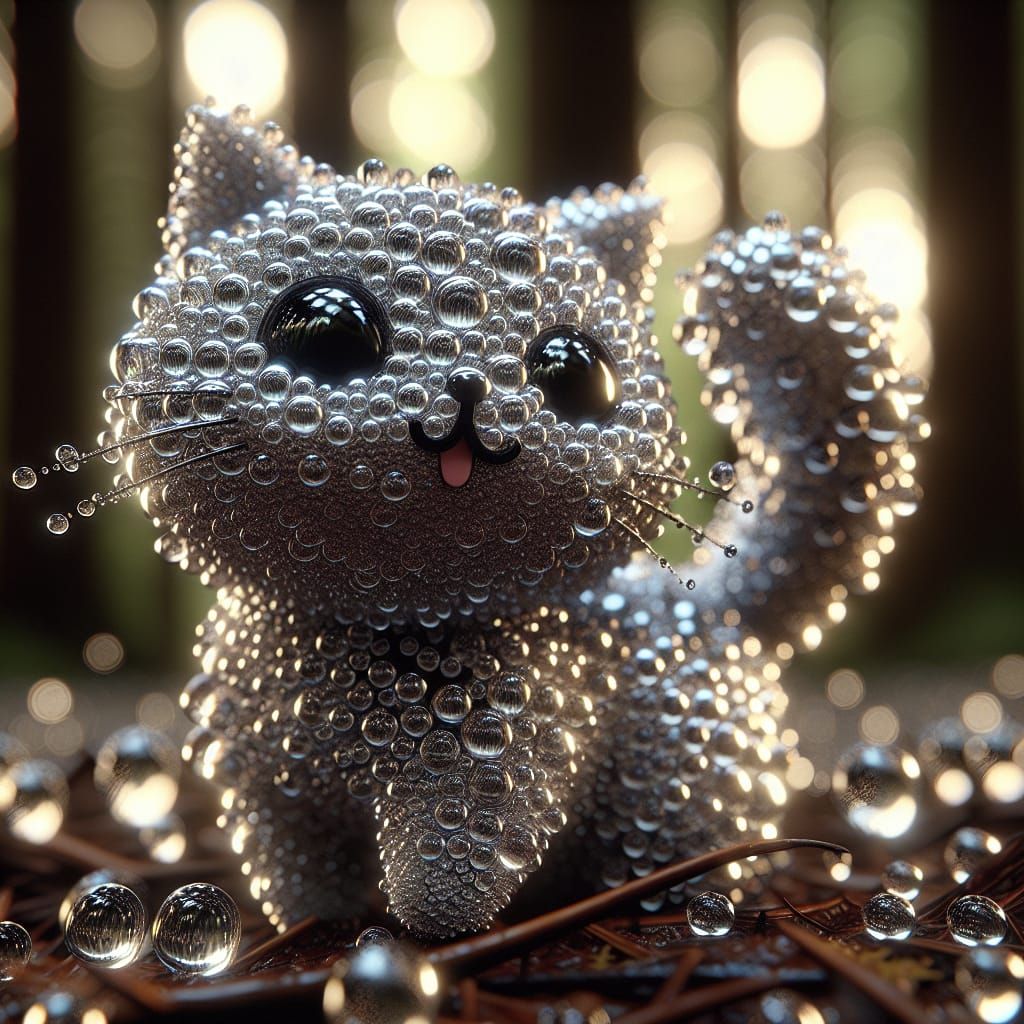 Silver Chibi Cat Formed from Raindrops in a Forest