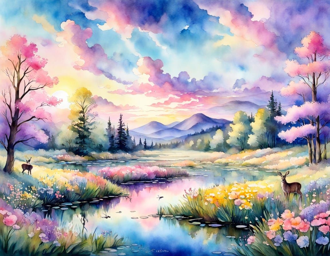Surreal Pastel Landscape with Serene Spring Pond