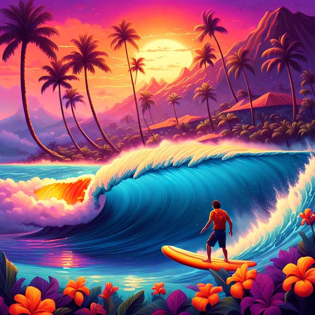 Surfer Rides Hotdog in Hawaii: Detailed Matte Painting