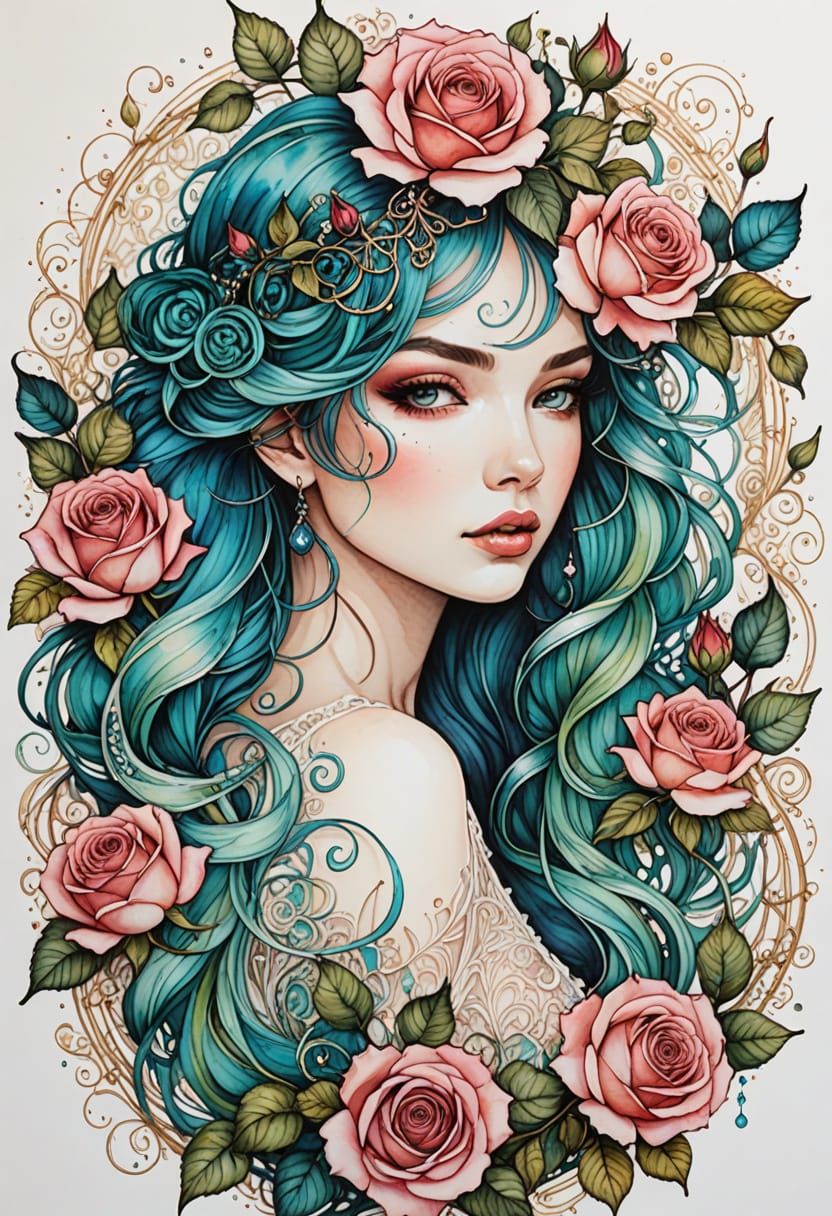 Intricately detailed alcohol ink illustration, a portrait fr...
