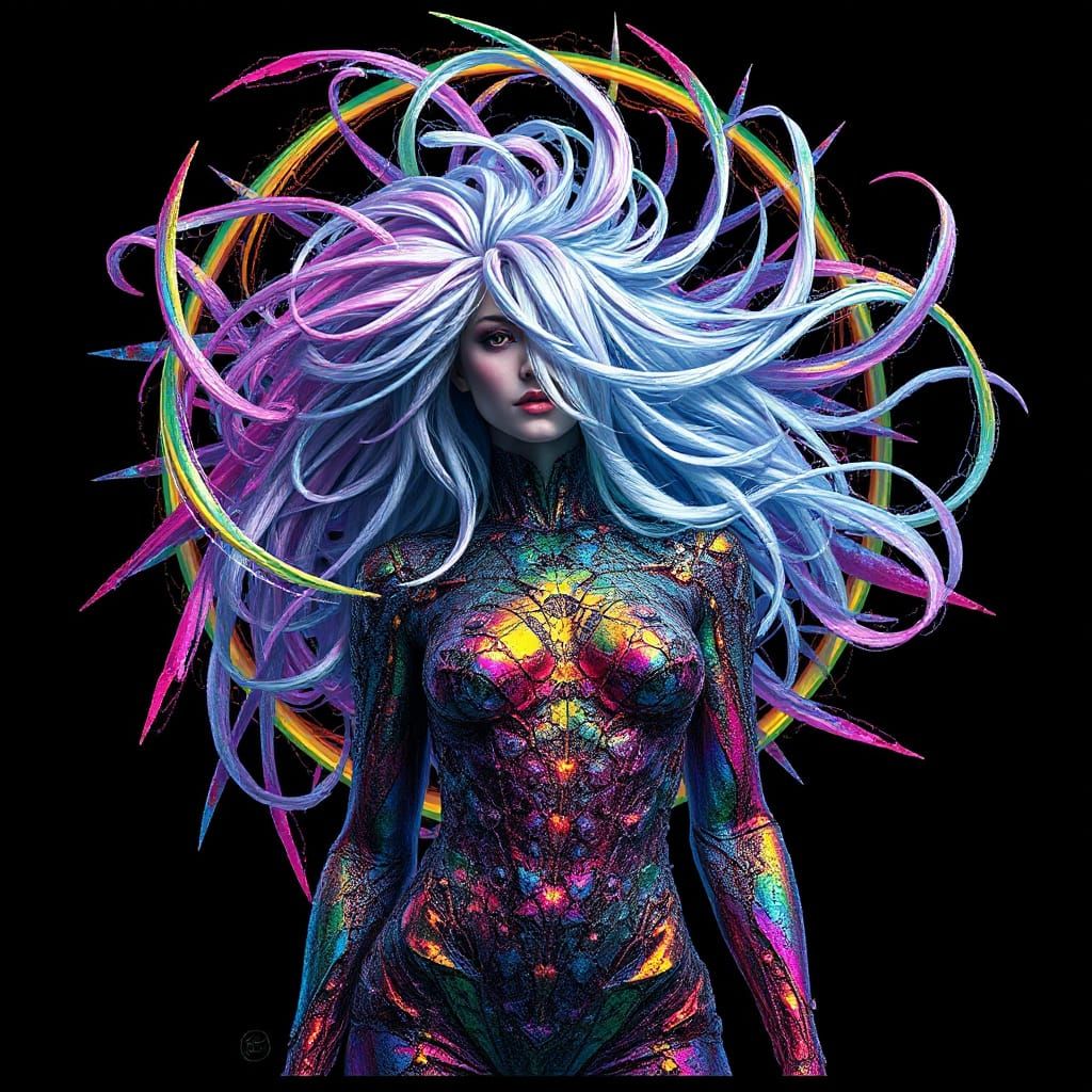 Cyberpunk Goddess Emerges from the Shadows in a Halo of Rain...