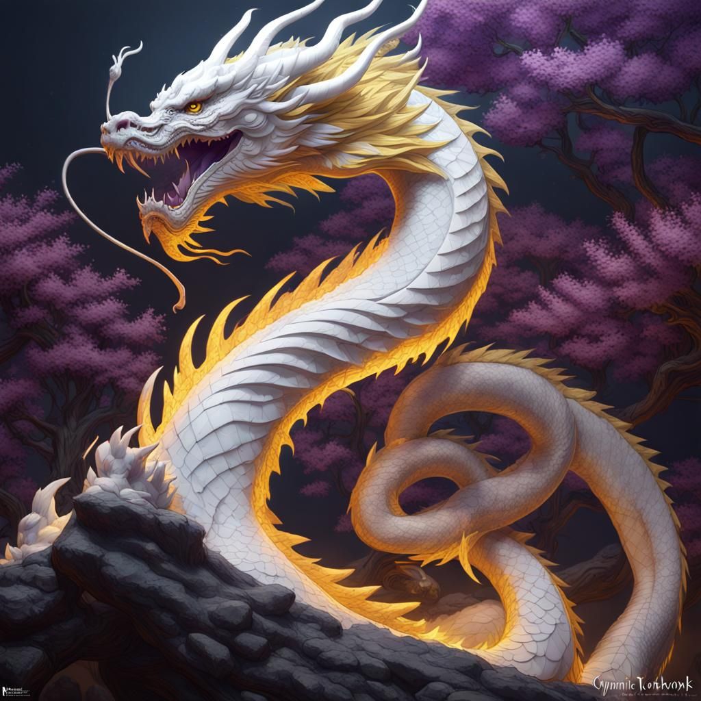 Majestic White Dragon in Art Nouveau Style