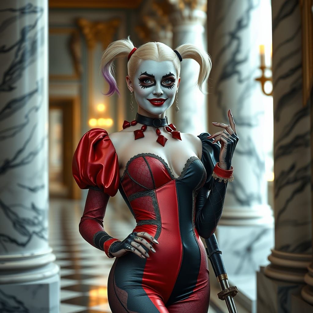 Hyperrealistic Harley Quinn in Colorful Harlequin Dress