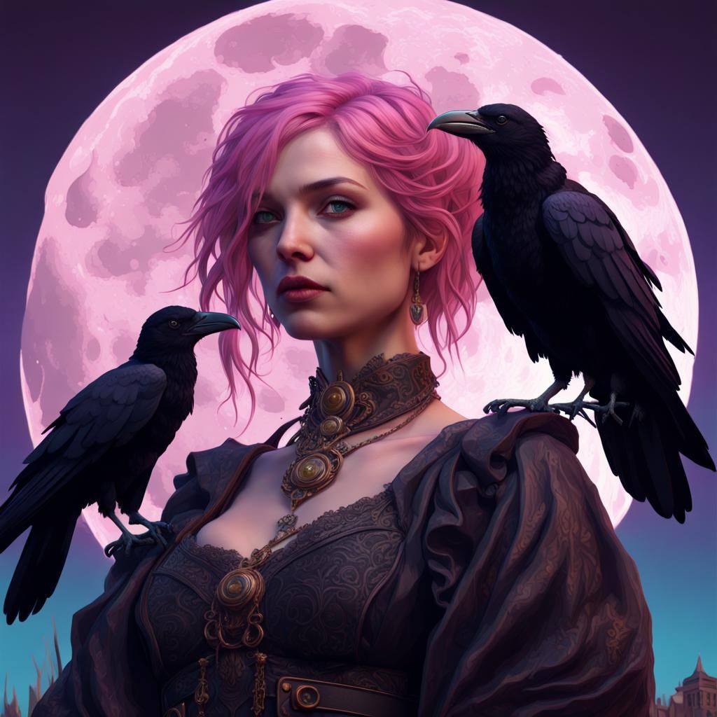 Gothic Woman with Raven in Art Nouveau Style