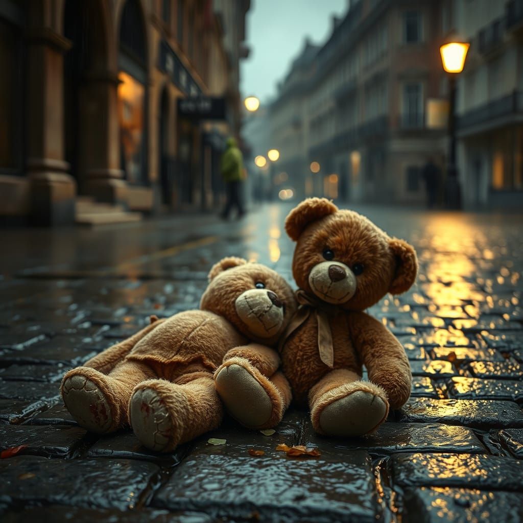 Wounded Teddy Bears on Cobblestone Street